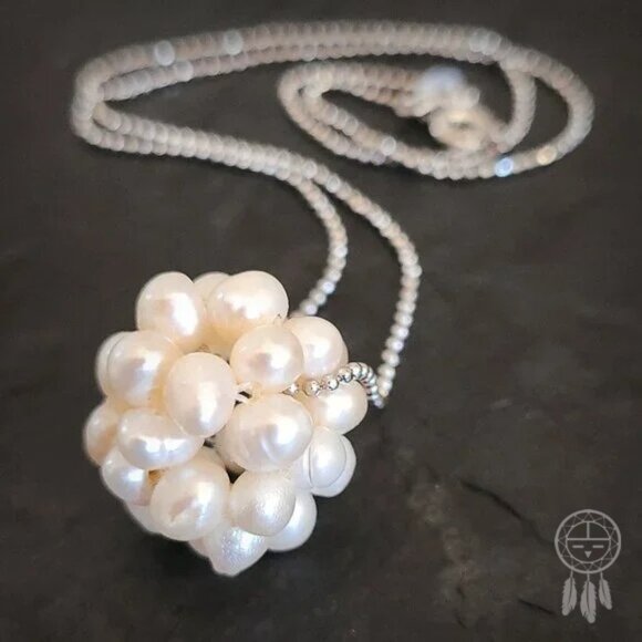 Genuine Pearl Cluster Pendant Necklace Sterling Silver - Picture 3 of 13